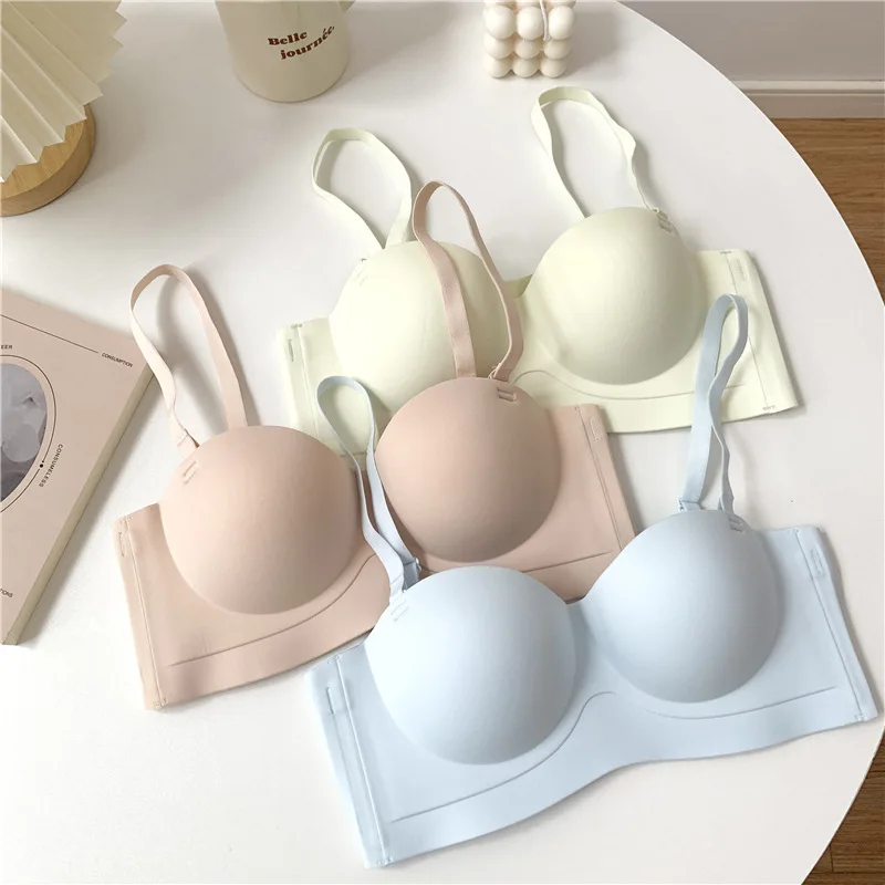 Women Seamless Gather Small Breast Bra One Piece Comfortable Half Cup Brassiere Strapless Bra Wirefree Push up Bra Adults