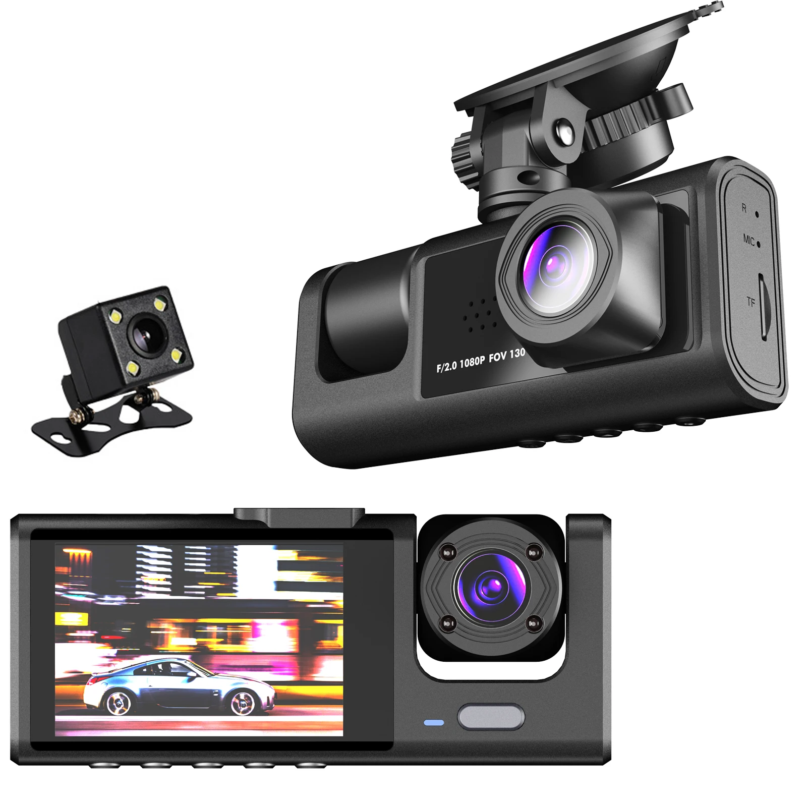 3 Lens 1080P Dash Cam Type-C USB 2 inch Screen Car Camera 170 Degree Wide View Angle