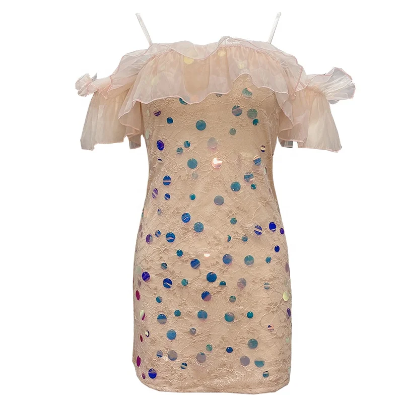 Бюстгальтер с рюшами на бретелях, короткий рукав, блестки, розовое ТРАПЕЦИЕВИДНОЕ короткое платье, милое платье