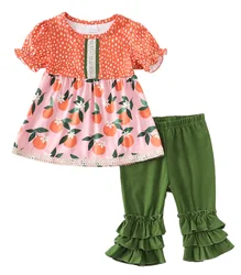 summer boutique short sleeve new children clothing oranges print lace hem dress deep green ruffle trousers girls clothing sets
