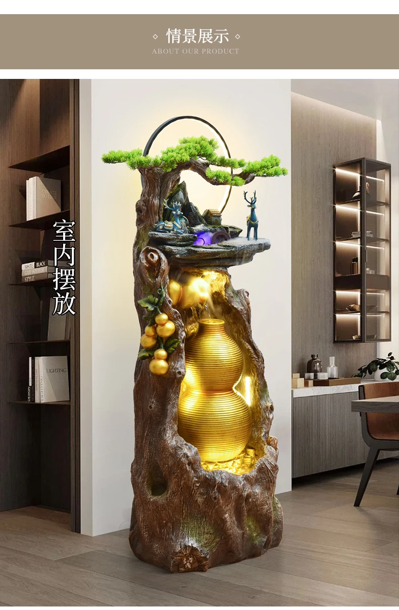 Rockery Indoor Living Room Balcony Office Landing Wealth Lucky Gift Creative Resin Water Fountain Garden Gift Waterfall