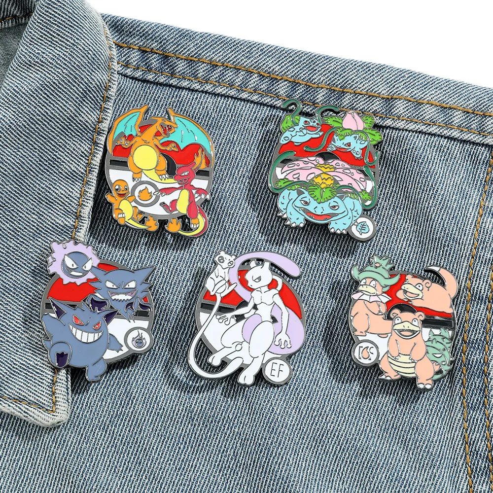 High Quality Metal Pins Cartoon Anime Cool Poke mon Pika Gengar Charmander Mewtwo Brooch Decoration Clothes Cap Badges Ornaments