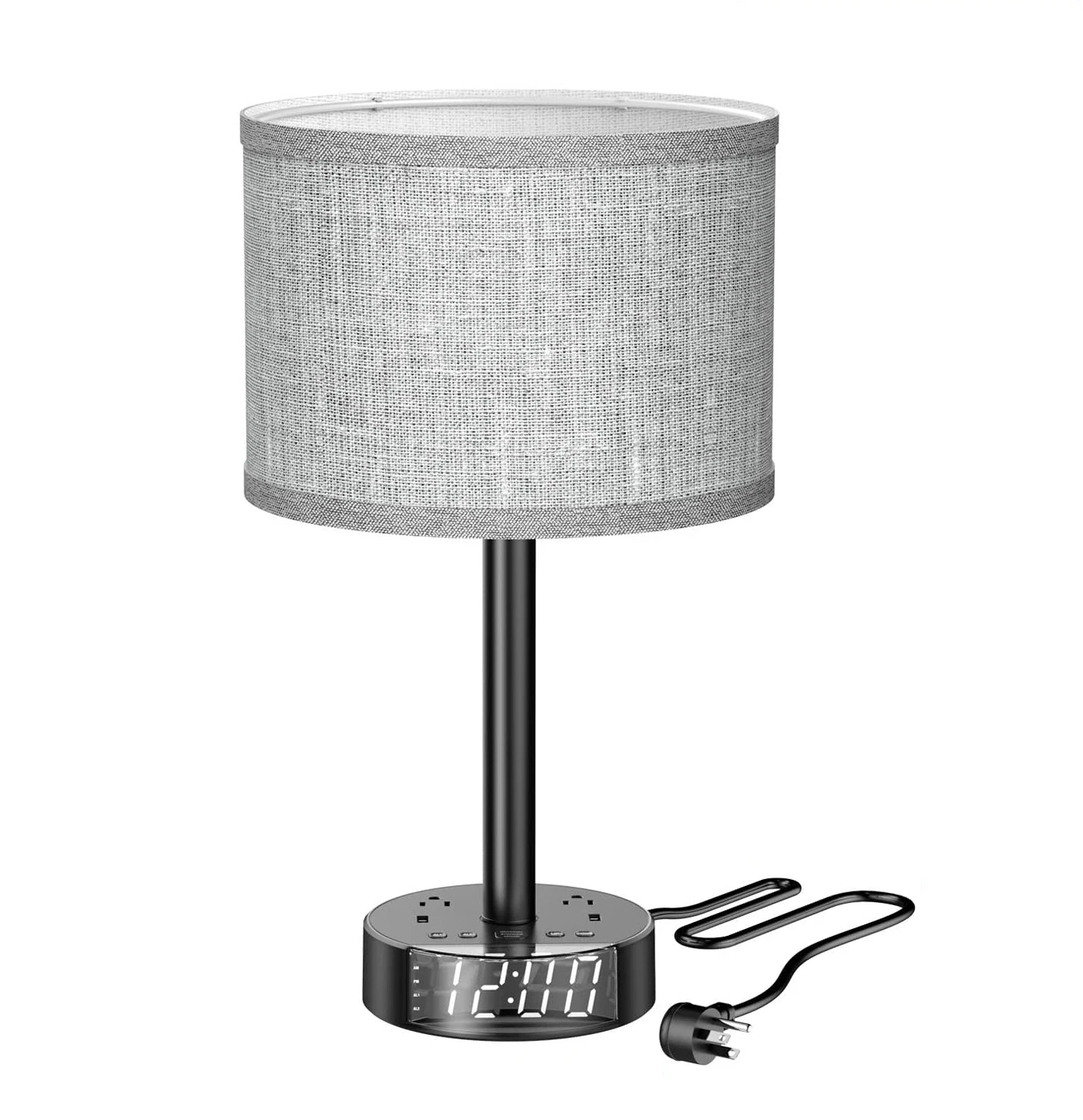 Gray Shade 3 Way Dimmable Bedside Led Table Lamp Charging Station Smart Desk Touch Lamp With Alarm Clock Usb Ports And Outlets