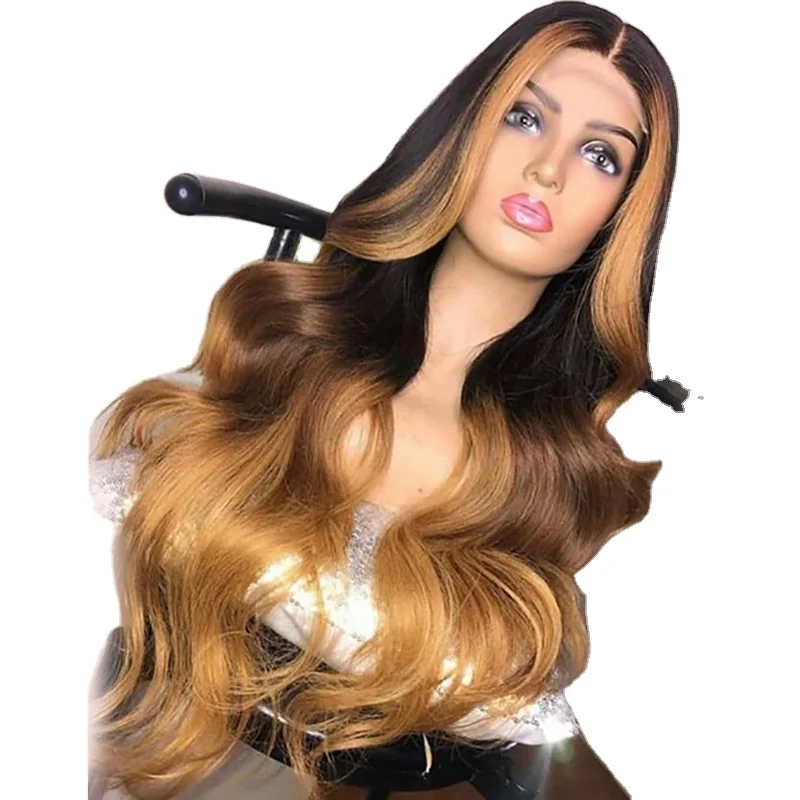 75 cm Long Wavy Black to gold Ombre Synthetic Wigs Amber Natural Wigs with Bangs Wedding Princess Hairstyles Heat Resistant