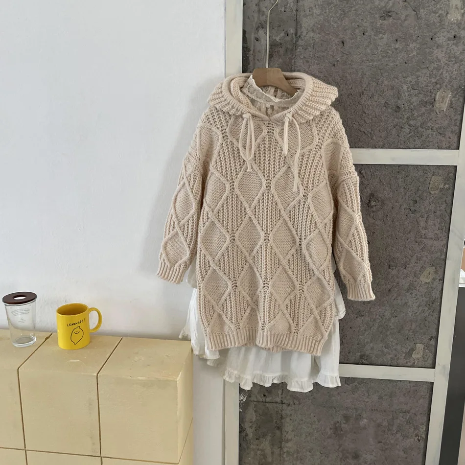 2023 Casual Winter Girls Knitted Hooded Sweater Dress for Kids