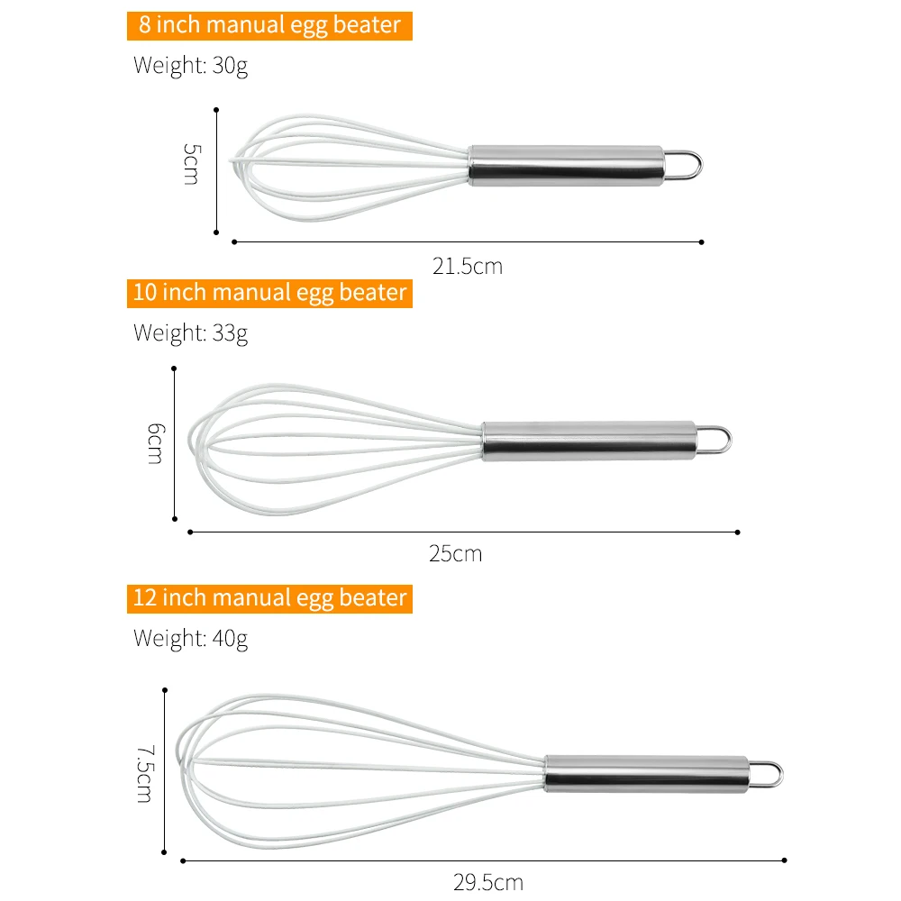 Hot sale 10 inch hand whisk mixer food grade silicone egg whisk baking beaters kitchen cooking tools