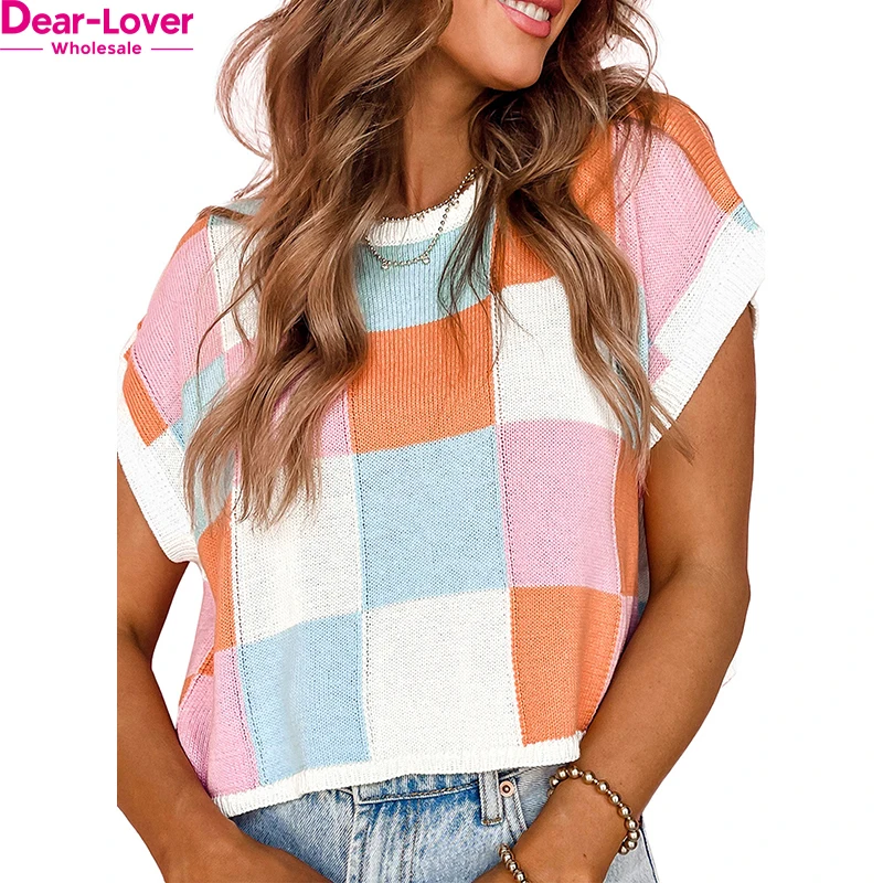 Dear-Lover Wholesale Private Label Crochet Color Block Cap Sleeve Knitted Sweater Women