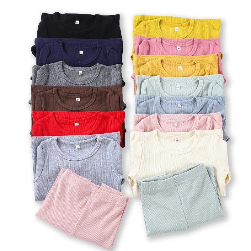 OEM&ODM hot sell children pajamas kids ribbed cotton pajamas sets girls boys long sleeves sleepwear accept custom color size