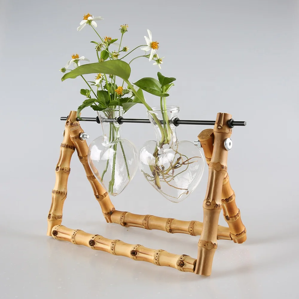 Desktop Decoration Heart Glass Bamboo Root Wooden Stand Propagation Stations Hydroponics Planter Water Air Plant Terrarium Vase