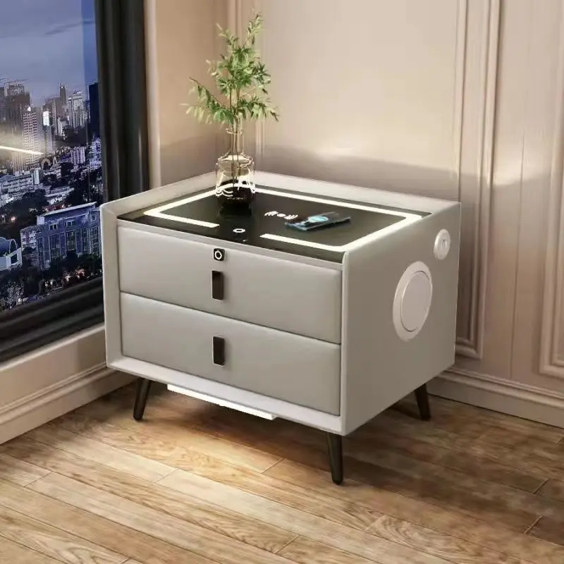 modern smart night stand with LED USB wireless charging fingerprint unlock plug base bedroom bedside table rock play music