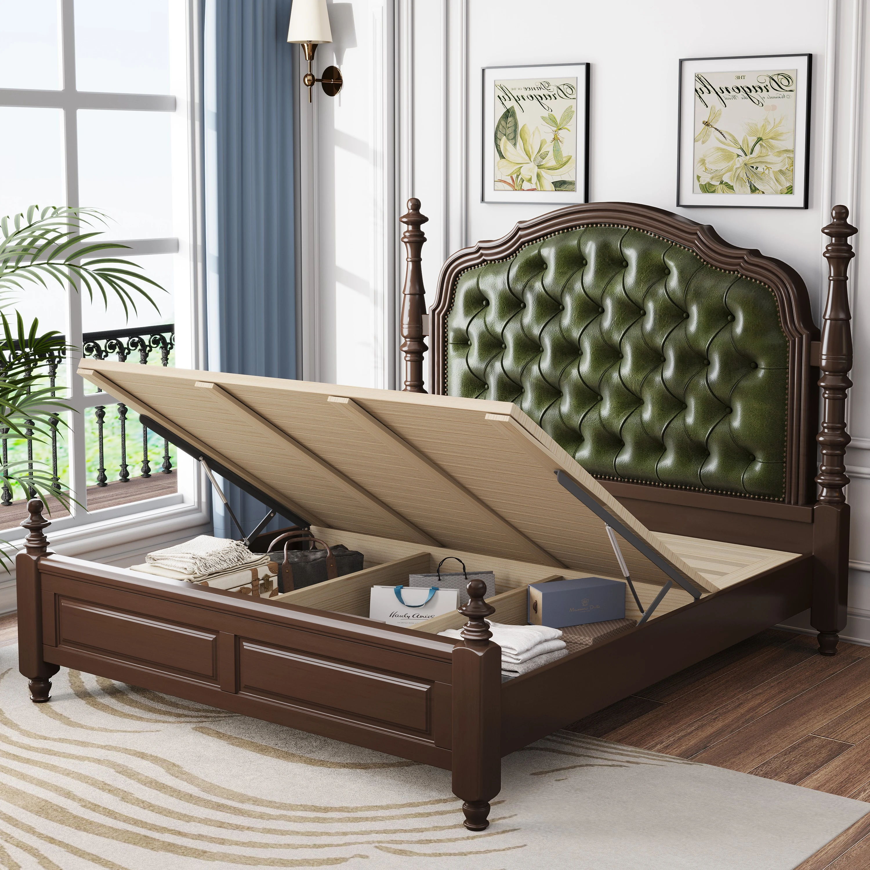 Storage Leather Upholstered Beds American Countryside Solid Wood Bed Bedroom Retro Style Double Bed with Nighstand