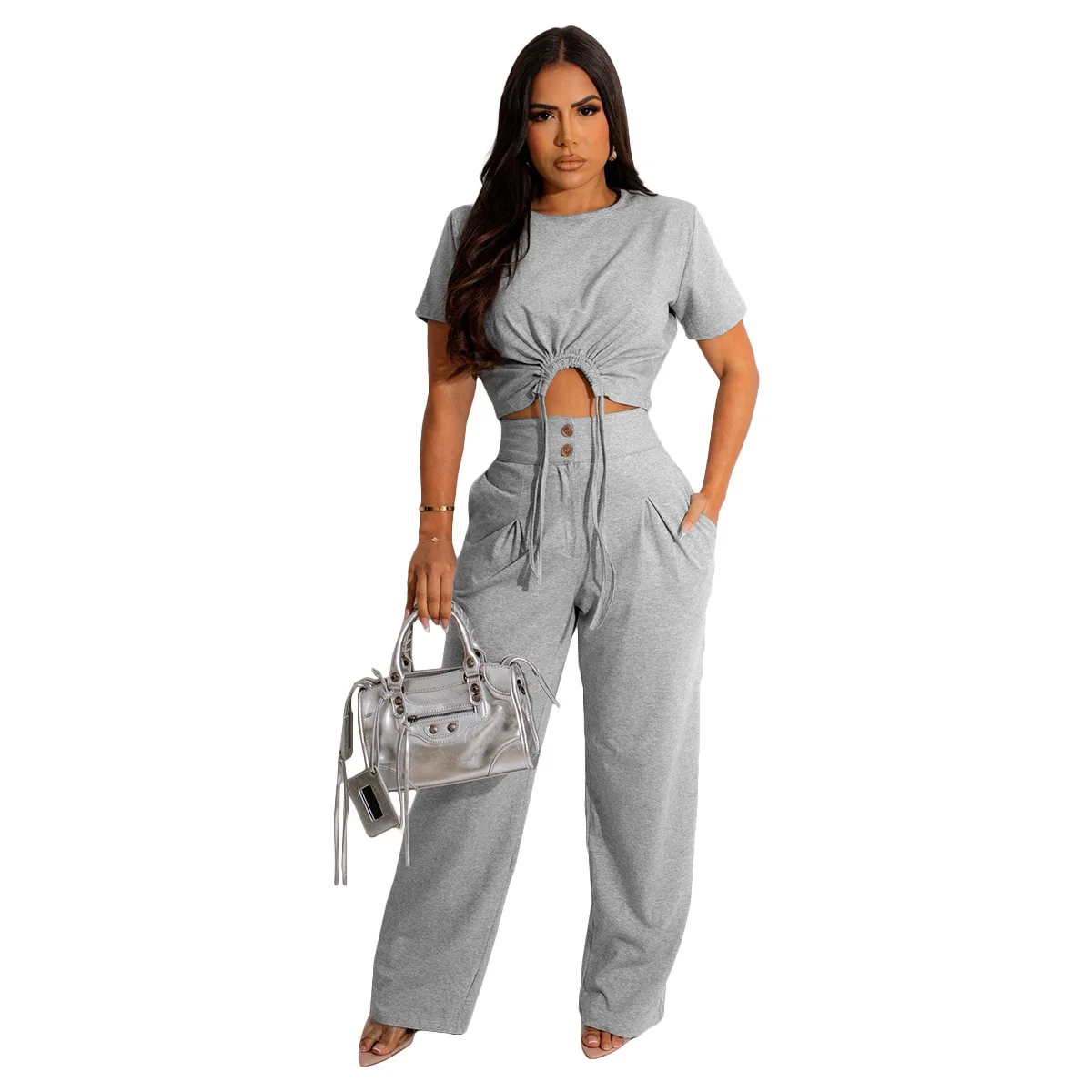 Autumn 2023 women clothes 2 Piece Sets Round Neck Crop Tops High Waist loose Casual Pants Long Pants For Women