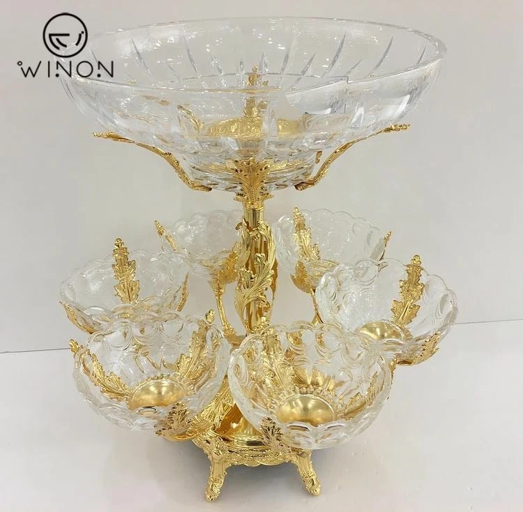 High quality Hotel Home Golden plated Pasuda big size glass bowl with 6pcs small size plate with base for dinner party wedding
