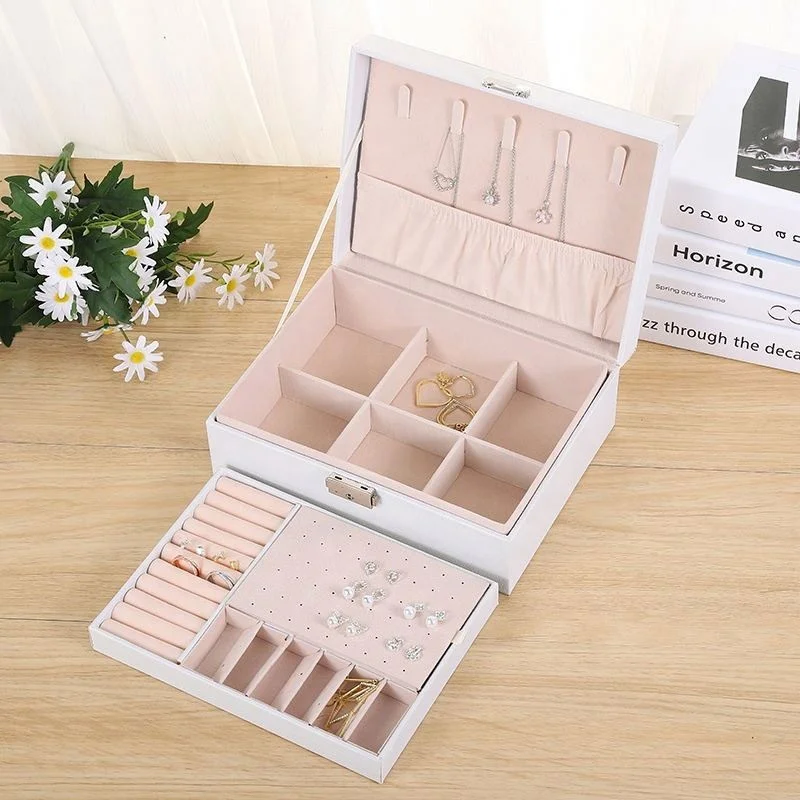 Glorystar Women 2 Layer Jewelry Box Organizer Wooden Display Storage Jewel Holder Removable Tray Jewelry Display Drawer Case