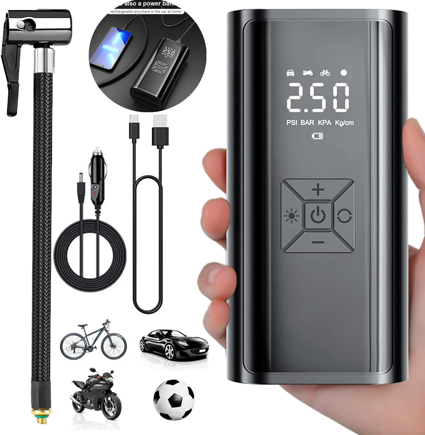 3 in 1 Automatic Electric Car Air Pump, 12V DC Cord 6000mAh Battery Power Bank Portable Compressor