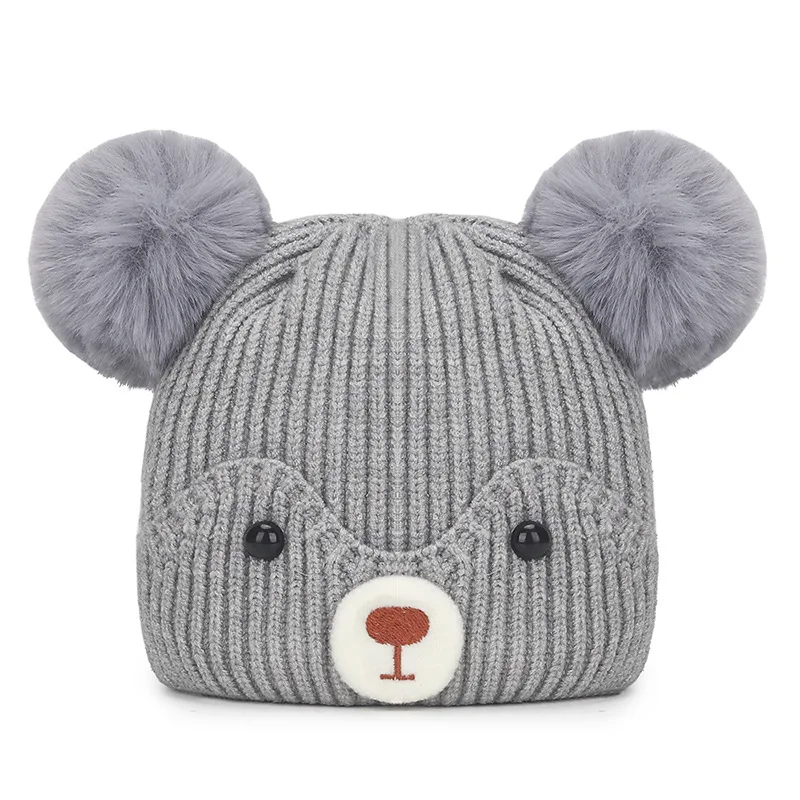 Winter Stripe Cashmere Rabbit Fur Plush Soft Thicken Wool Chunky Warm Beer Cute Pom Pom Skullies Beanie Knitted Hat For Kids