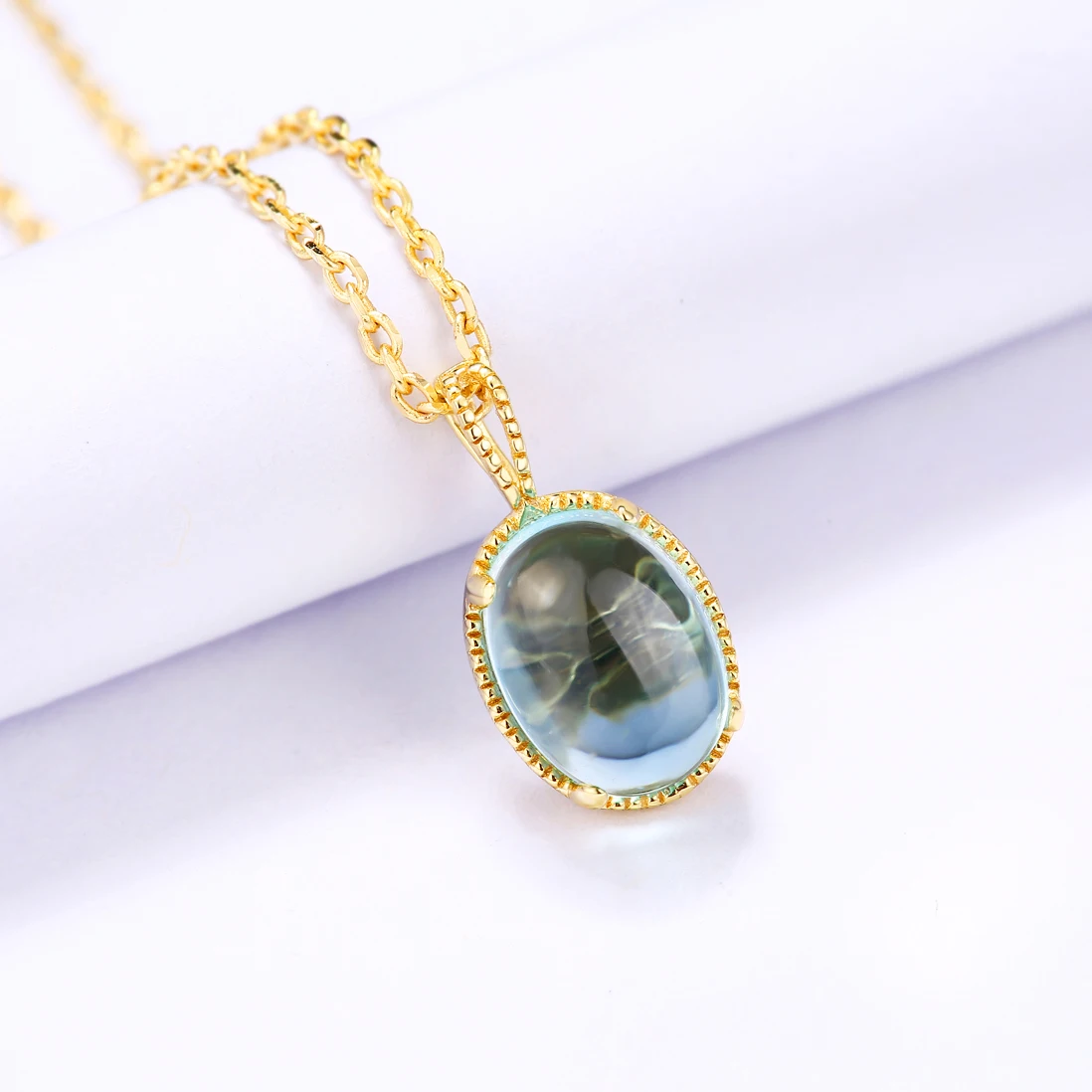 Sterling Silver Sky Topaz Blue Crystal Heal Stone Oval Cut Gold Plated Pendant Necklaces For Women Fashion Jewelry