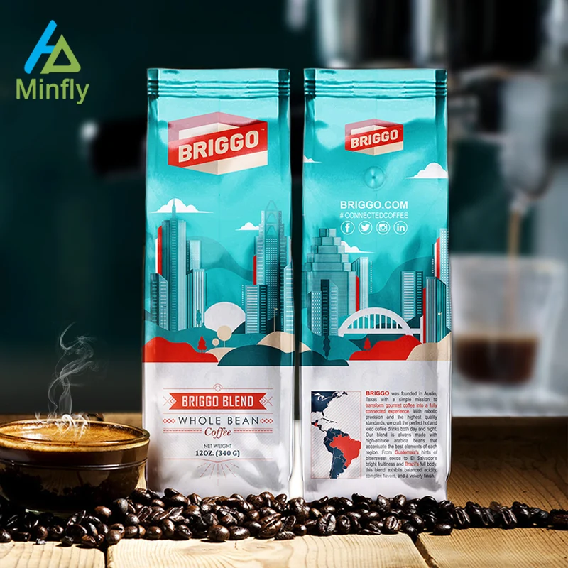 Minfly Digital Printing Custom Plastic Self Seal Cocoa Bean 8 Side Gusset  Flat Bottom Coffee Bag with Zipper Pouch