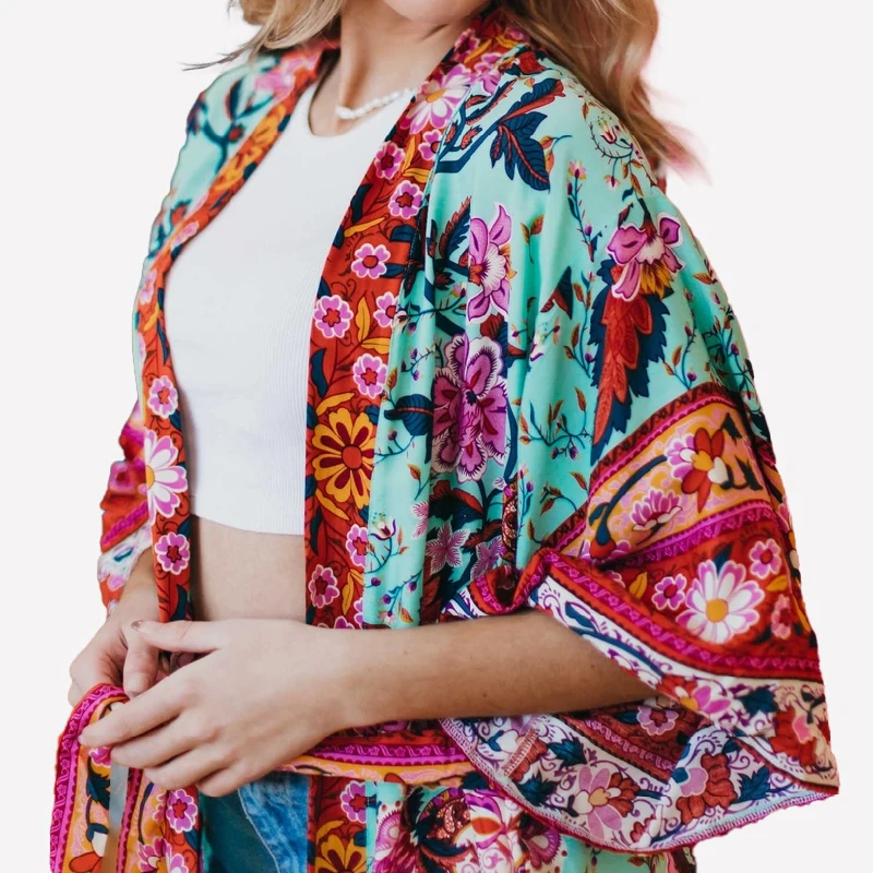 Ethnic women summer shirt blouse ladies printed long blusas tops plus size hippie floral chiffon boho kimono cardigan