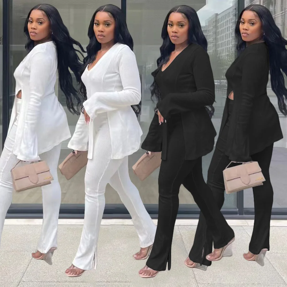 Custom Logo 2 Piece Set Fall Amazon Flared Sleeve Legging Pants T-Shirt Top Outfits Women V-Neck Suit Solid Color Two Piece Set