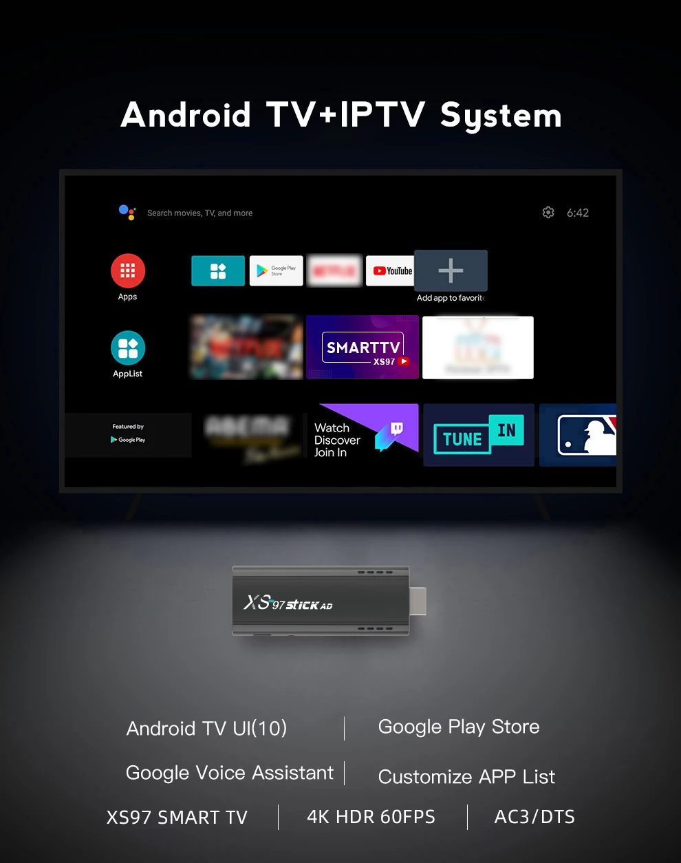 2024 Hot Style Allwinner Remote Control 2Gb+16Gb H313 XS97 STICK AD  IPTV 4K TV stick With High Click