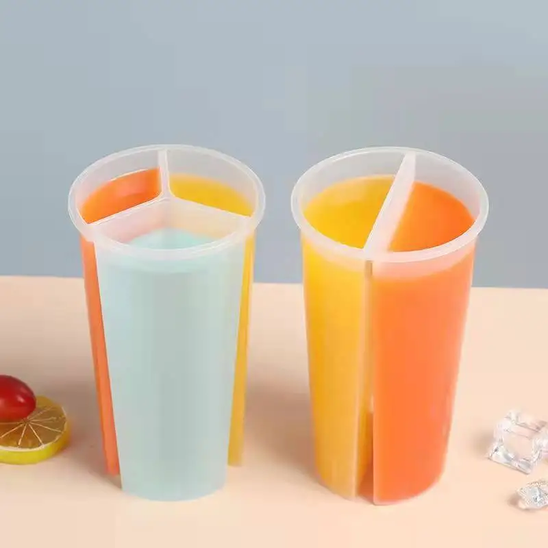 100 pcs 700 ml disposable 3 compartments PP plastic cup Share twin Plastic Milk Tea Cup with lid