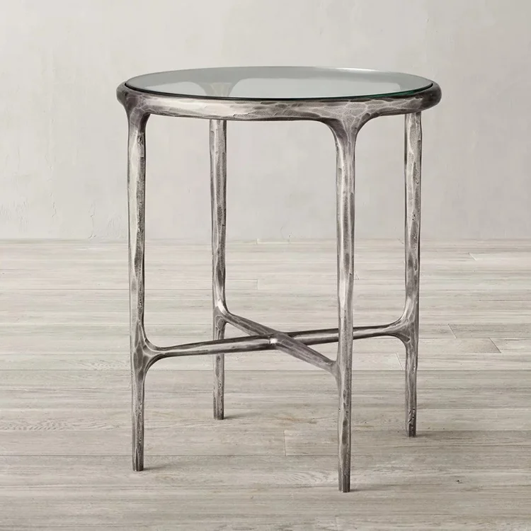 AIRFFY OEM/ODM Wholesale Natural Marble Hand Forged Metal Coffee Table Hammered Round Bed Side Table