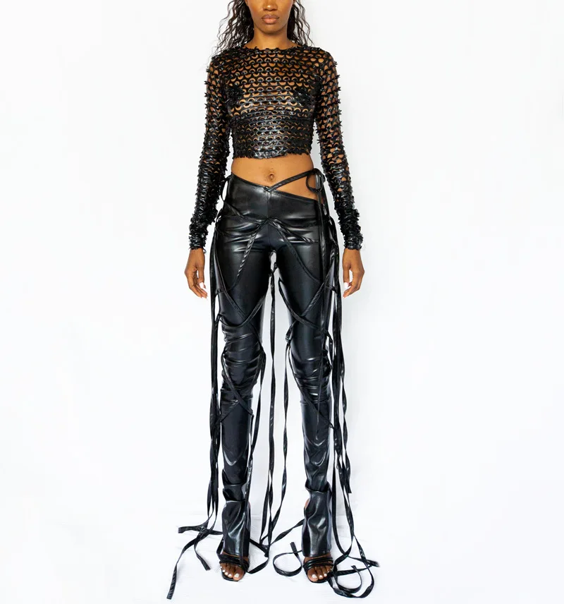 
In stock Women Pu Leather Pants Bandage Solid Colors Outfits Cargo Pants Women Skinny Trousers Stacked Jogger Pants 