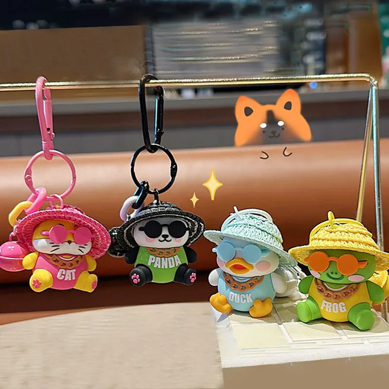 Cheap Promotional Gift Kawaii Cartoon Pendant Keychain Resin Straw Hat Animal Panda Cute 3D PVC Doll Figure Toy
