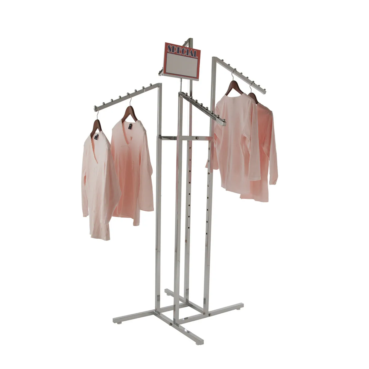 High Quality Heavy Duty Chrome 4 Ways Garment Clothing Display Rack with 4 Adjustable Slanted straight Arms