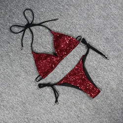Red Blue Beachwear Bandage Halter Shiny Mini Bikini Sexy Swimwear Swimsuit Sequin Bikini
