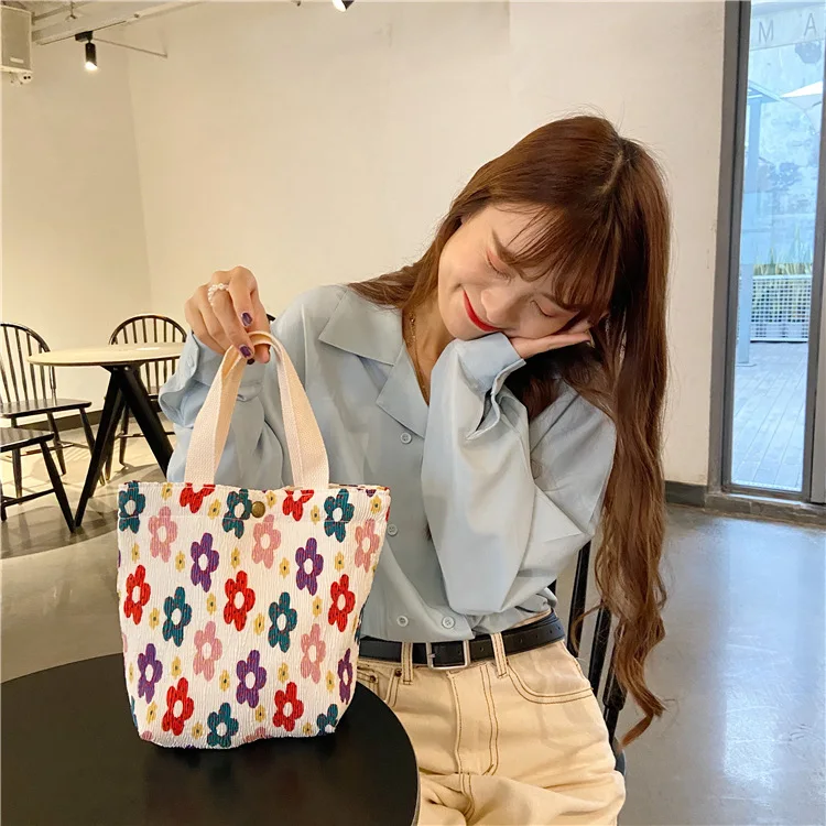 South Korea Ins Small Fresh Cute Small Cloth Bag Female Wrinkled Cloth Printed Handbag Bento Bag Wholesale