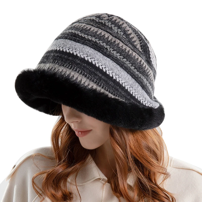 FF1851 Striped Women Fleece Lined Skull Cap Fluffy Furry Winter Fisherman Cap Warm Winter Faux Fur Fuzzy Bucket Hat