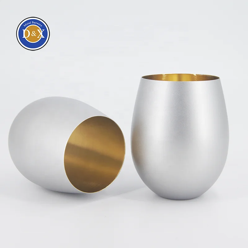 Custom 450ml Metal Cocktail Glass Wine Tumbler Stainless Steel Stemless Wine Glasses Sliver Gold Plated Martell Cup