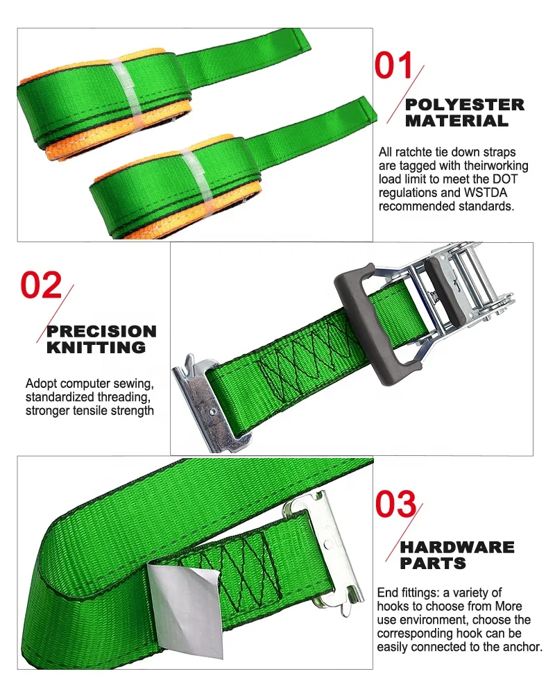 2inch*16ft 4400lbs E track tie down straps with skid Cover Sleeved vans belt logistics strap tie down Spring ratchet straps