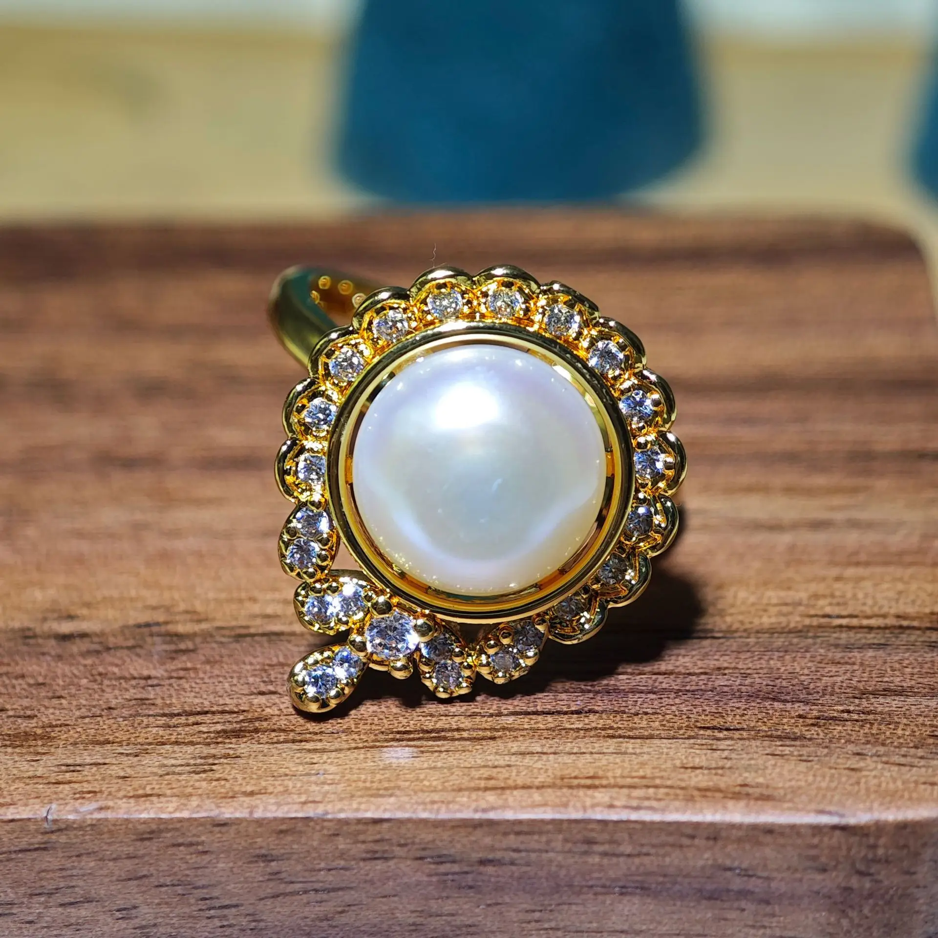 Elegant Design Crystal Star Freshwater Pearl Rings Hollow Lace Flower Real Pearl Ring For Women