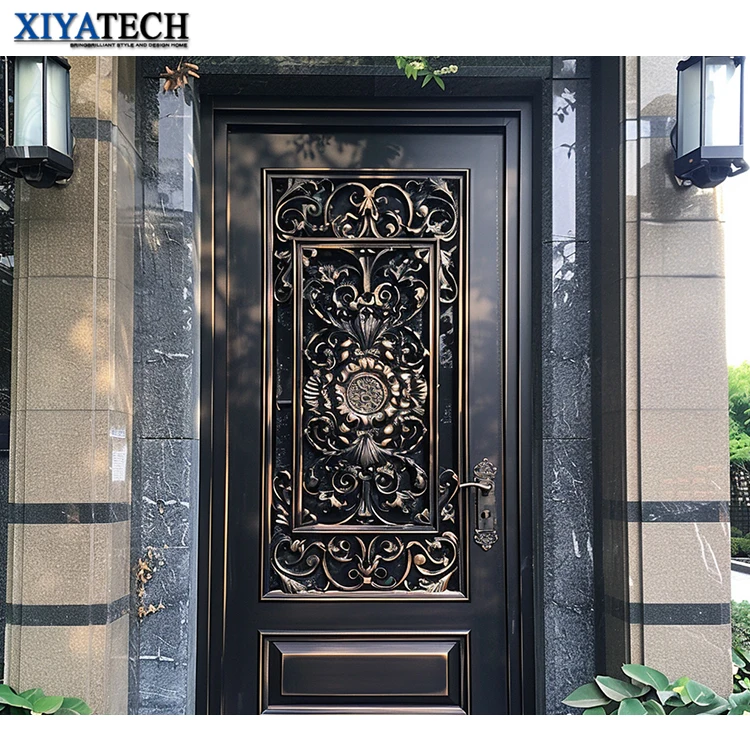 XIYATECH New safety Residential iron single door design front door Tempered Glass House iron wrought door prices