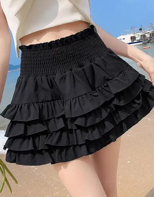 ecowalson  Streetwear Y2k Ruffles Mini Sweet Kawaii High Waist Lace A Line Skirt Summer Korean Fashion Black Ball Gown Skirts