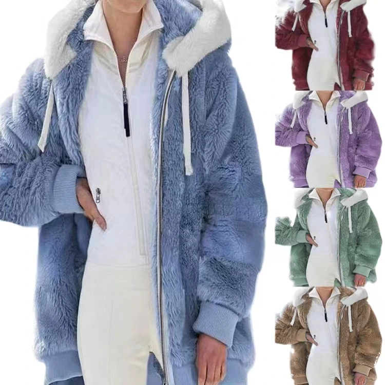 Factory direct sale high-end women winter thick warm Multi-colored hooded coat zipper faux fur coat mink coat for ladies