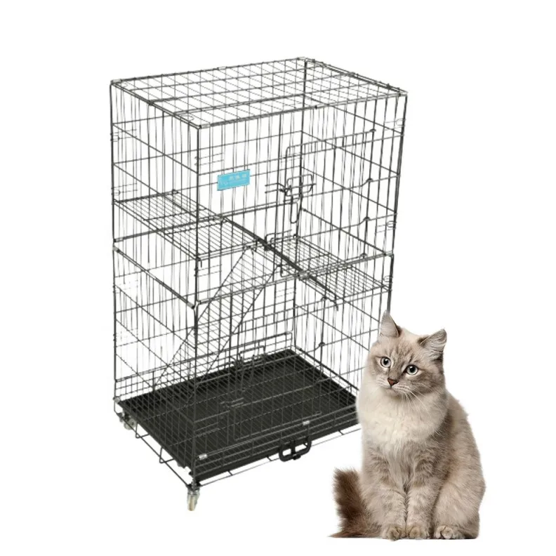 Folding metal wire hibitat cat trap cage indoor easy install cat cage pet home 2 layer cat cages