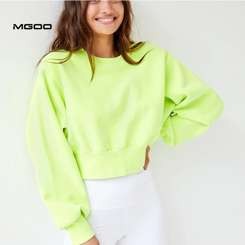 MGOO Classic Fleece Solid Crop Sweatshirt Women Neon Green Crew Neck Sweatshirts Hoodie Customized