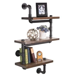3-Layer Rustic  Zig Zag Style Shelf Wooden Wall Floating With Industrial Iron Black Pipe