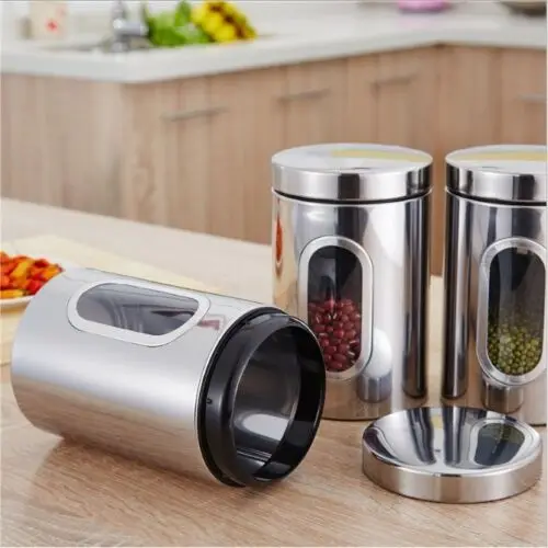 3Pc Food Storage Can Canister Set with Airtight Lid,Glass Window Stainless Steel