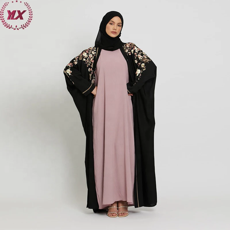 Women Dubai Muslim Dress New Turkey Dresses 2023 Summer Black Floral Embroidered Open Modest Abaya Islamic Clothing Women