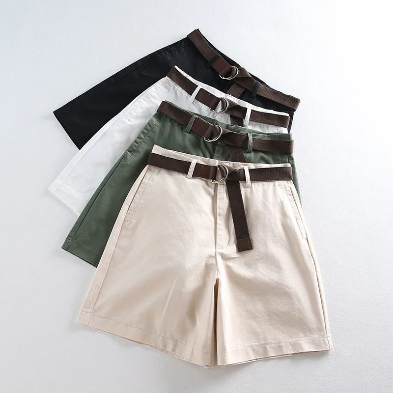 High Elastic Waist Female Office Lady Style Wide Leg Casual Korean Fashion Shorts With Canvas Belt For Women