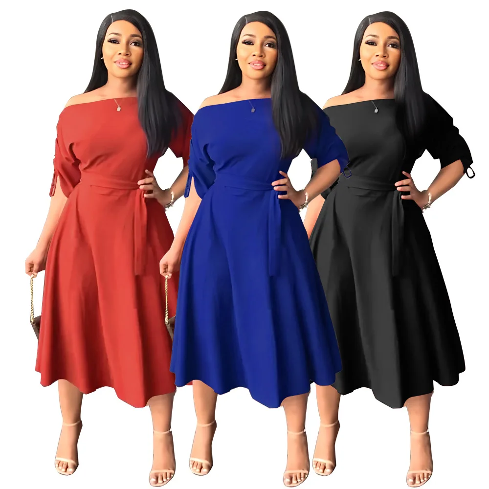 Orange Pleated Bare Shoulder Waist Belt Long A Line Lady Casual Dress