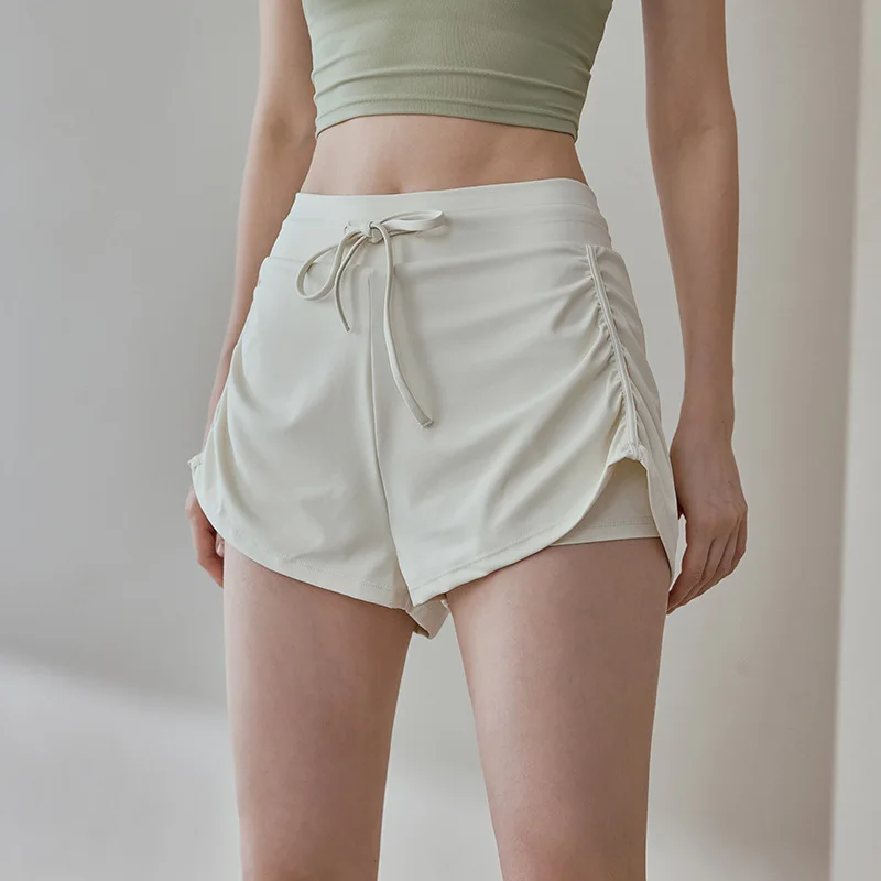 Wholesale Women Quick Dry Double Layer 2-in-1 Running Yoga Shorts Drawstring Flowy Hem Fitness Workout Athletic Wear Clothing
