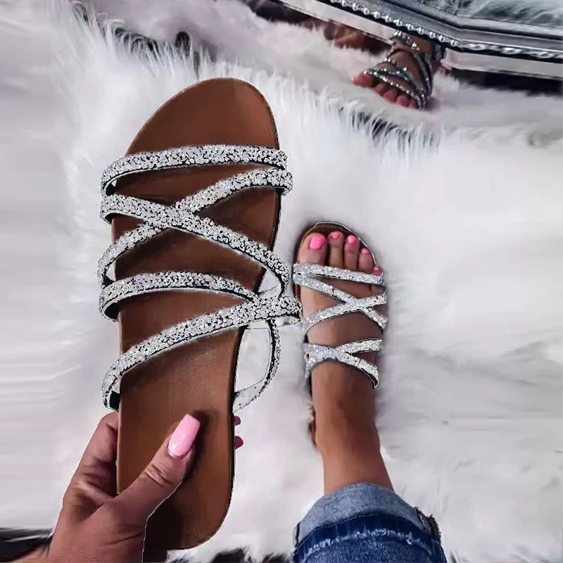 2022 Summer Fashion Casual Round Toe Rhinestones Ladies Bling Flat Sandals Shoes Women Sandal