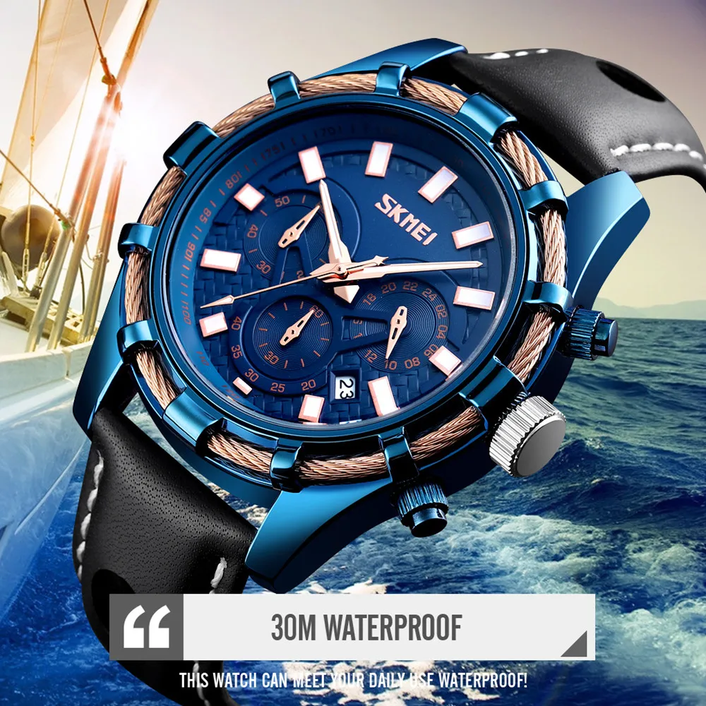 best selling SKMEI 9189 genuine leather men quartz watches with chronograph