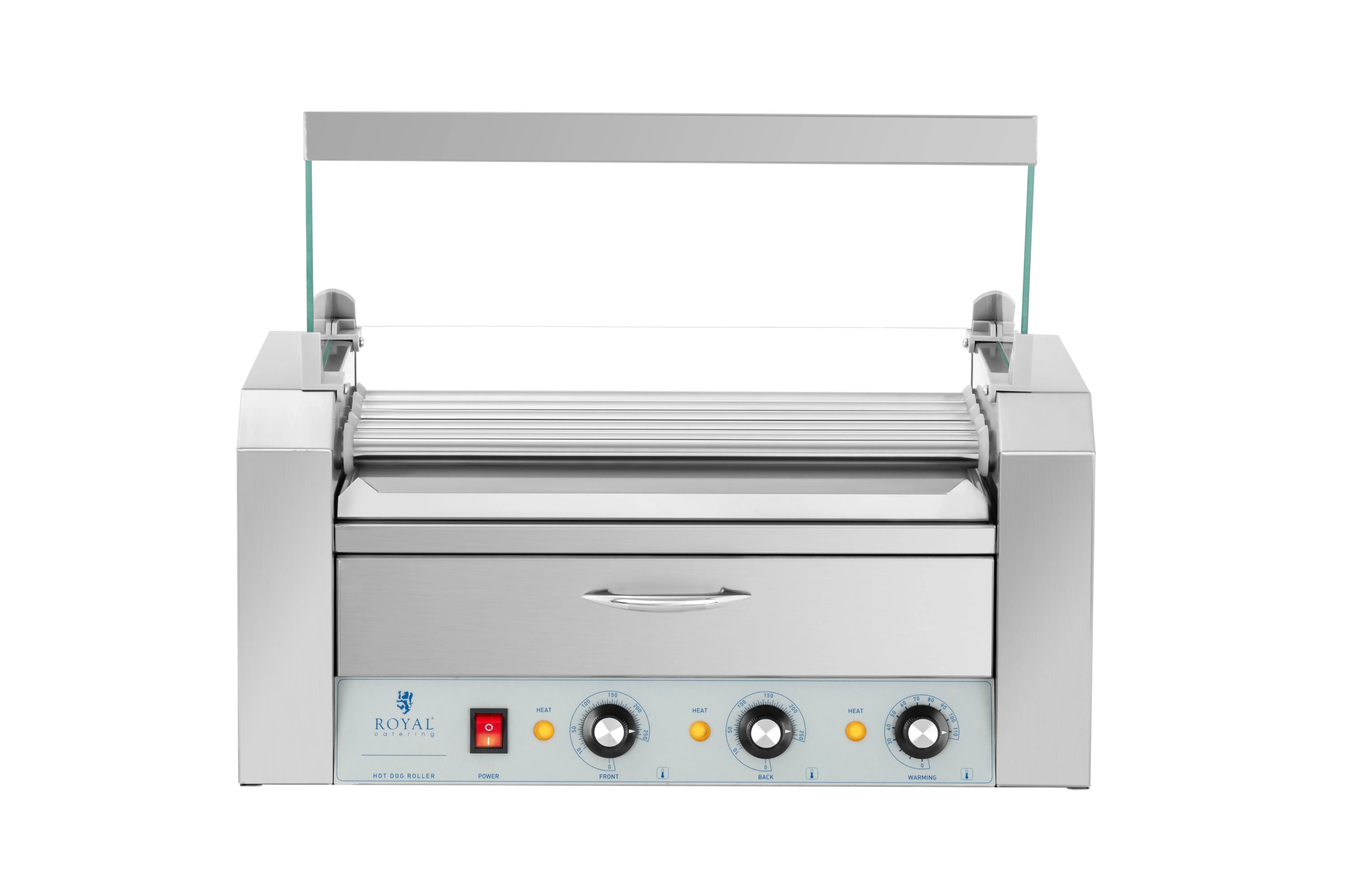 German Quality Standards CE Certified Market Leading Price Stainless Steel 5 Rollers with Warming Drawer Hot Dog Grill